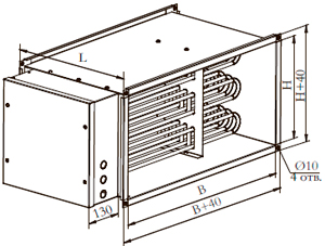 Рис.1. Габаритные размеры воздухонагревателя электрического канального Канал-ЭКВ