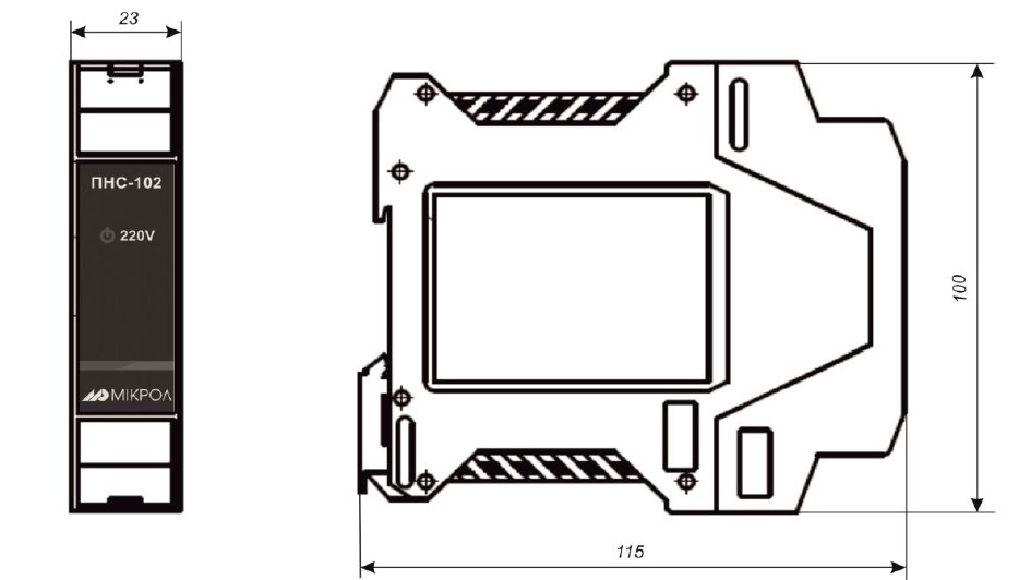 "Схема габаритных размеров преобразователя ПНС-102"